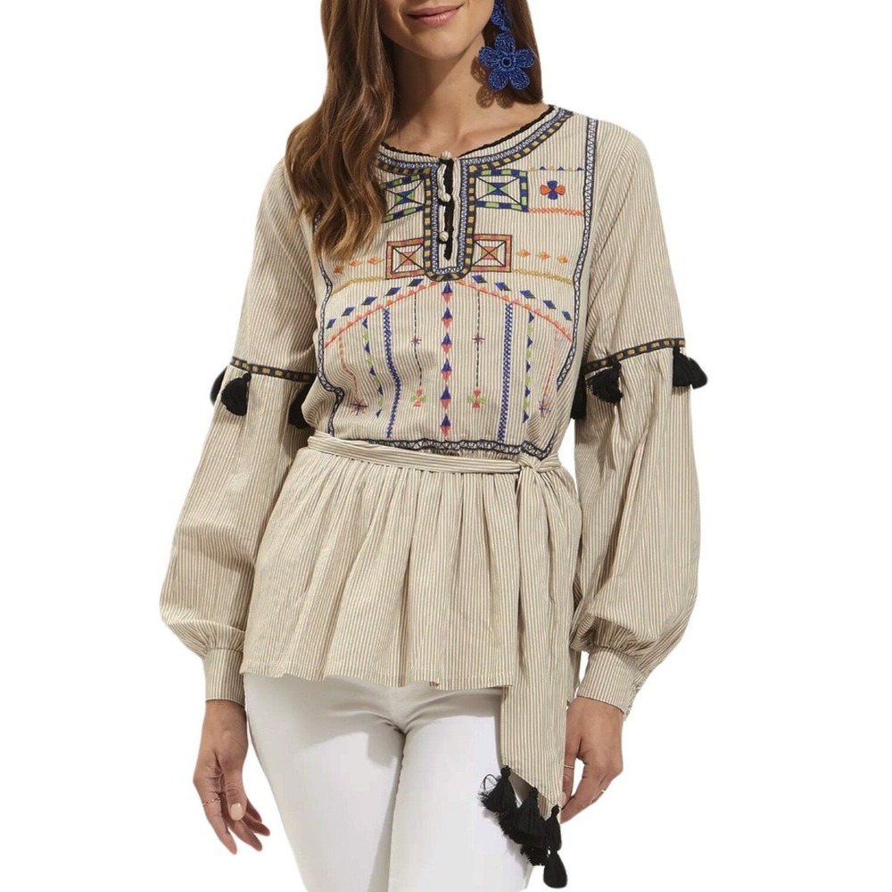 Roller Rabbit Women's Sand Asmae Embroidered Tassel Tie Waist Tunic Top Small